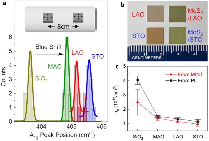 Histograms and their Gaussian fittings of the A1g peak position of MoS2 on different oxide substrates.