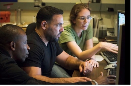 Three scientists using computers